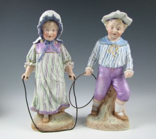 Antique Heubach German Bisque Porcelain Figurines Boy & Girl Playing