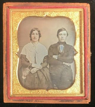 One Sixth - Plate Crossed Arms Man And Woman W Purse Daguerreotype C 1850 Photo