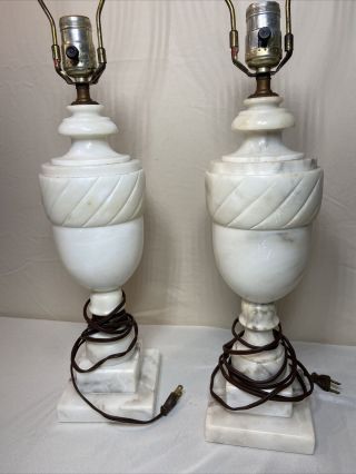 Vtg Pair Italian Alabaster Marble Hand Carved Neoclassical Urn Lamps