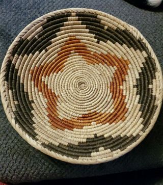 5 Point Star Large Round Coil Basket Bowl 14 " Hand - Woven Native American Tan Bwn