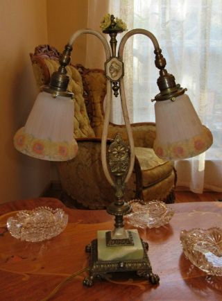 Vtg French Art Deco Era Table Lamp Chandelier Fixture Glass Shades Onyx 1930 