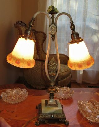 VTG FRENCH ART DECO ERA TABLE LAMP CHANDELIER FIXTURE GLASS SHADES ONYX 1930 ' s 3