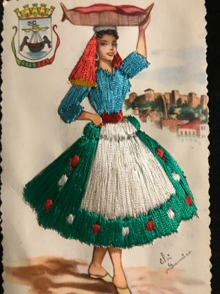 Vintage Elsi Gumier Hand Embroidered Silk Art " Postcard " Lisbon,  Portugal