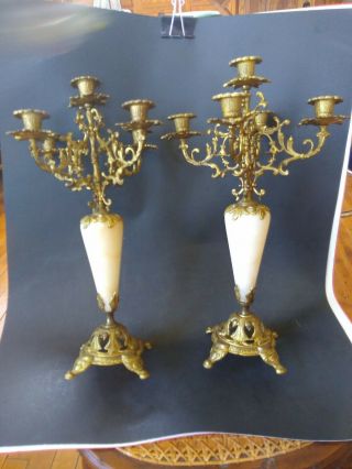 19th C.  French Gilt Bronze Marble Onyx Candelabra Candlestick Pair Tole 16 "
