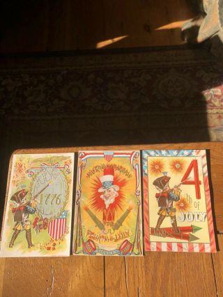 3 1908 Fourth 4th Of July Postcards Vintage Uncle Sam 1776 Cannon Eagle