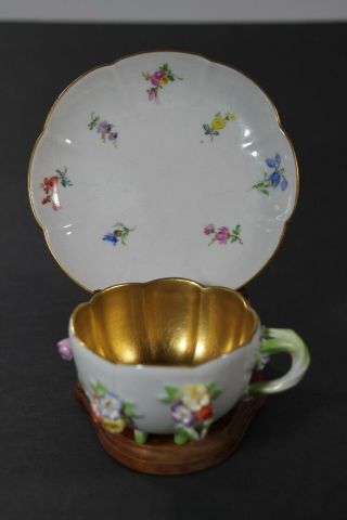 19thc Antique Meissen Hand Painted Cup & Saucer With Encrusted Flowers & Leaves