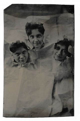 Antique Tintype Photo Women Poking Heads Through Paper