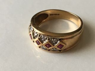 Vintage 9ct Gold Sparkly Ruby Diamonds Wide Band Ring Birmingham Maker Pam Sz I