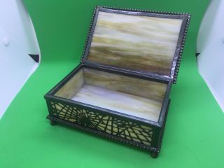 Tiffany Studios Bronze and Glass Desk Box in the Pine Needle pattern,  PERFECT 5
