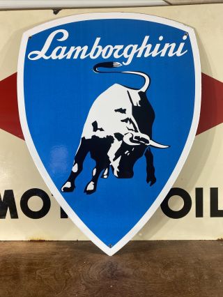 Vintage Stlye " Lamborghini " Gas & Oil Dealer Plate Porcelain Sign 24 X18 Inch