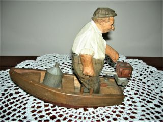 Swedish C.  O.  Trygg Wood Carved Man In Motor Boat Standing