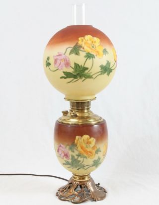 Antique Miller Juno 1895 Converted Gwtw Parlor Oil Banquet Lamp Poppies Globe