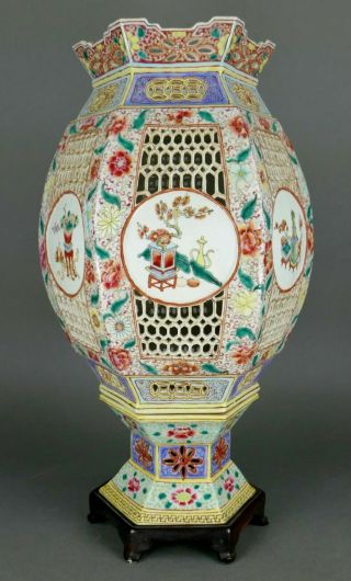 Fine Antique Chinese Famille Rose Verte Porcelain Reticulated Candle Lantern