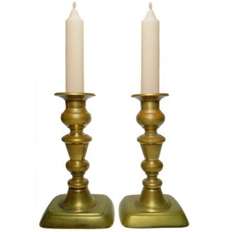 Early - Mid 19th C American Antique Pr Brass Push - Up Candlesticks W/pedestal Bases