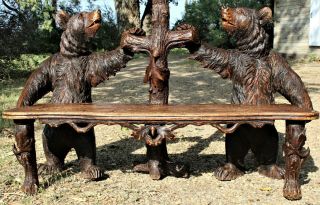 Antique - Black Forest Swiss Carved Bear Entry Bench Hall Coat Tree Mirror