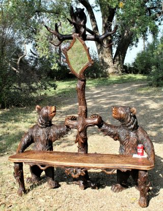 Antique - Black Forest Swiss Carved Bear Entry Bench Hall Coat Tree Mirror 2