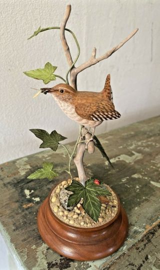 Ooak Hand Carved Painted Wooden Bird Statue/decoy Signed Artisan Wren/bee