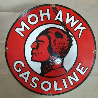 Mohawk Chief Gasoline Vintage Porcelain Sign 30 Inches Round