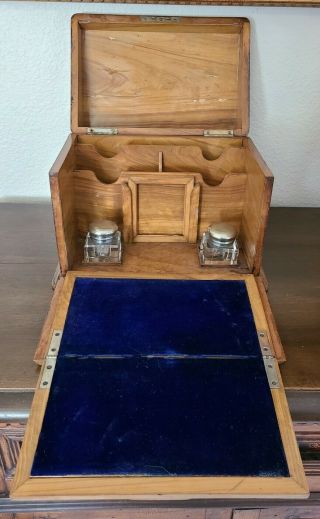 Antique Victorian English Walnut Stationary Cabinet Travel Lap Desk 19th Century