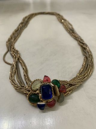 Rare Vintage Signed Hattie Carnegie Goldtone Glass Statement Necklace