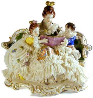 Antique Ackermann Fritze Volkstedt Large Mother Reading Dresden Lace Figurine