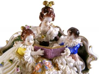 Antique Ackermann Fritze Volkstedt Large Mother Reading Dresden Lace Figurine 2