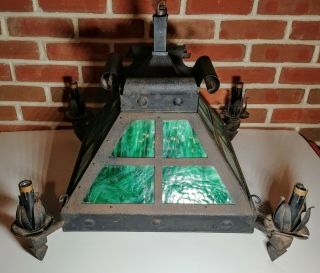 Vintage Antique Arts & Crafts Mission Style Hanging Chandelier Light Fixture