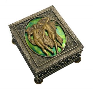 Oscar Bach Patinated Bronze & Green Enameled Box,  Figural Beauties