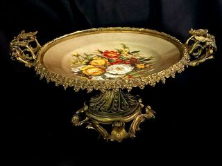 Antique French Gilded Bronze And Hand Painted Porcelain Center Piece From 1880