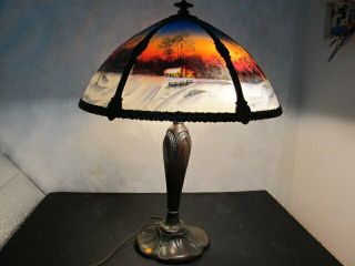 Magnificent Classique Reverse Painted Lamp Chipped Ice Winter Scene Rare