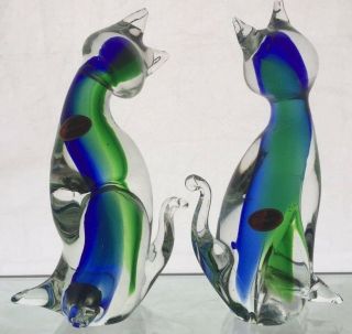 Set Of 2 Vintage Murano Hand Blown Glass Cat Figurines With Stickers