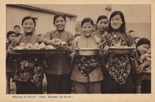 China,  Chinese Girls With Meal,  Missionary,  Vintage Postcard