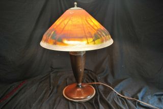 Durand Pairpoint Signed Reverse Painted Lamp W/ Bronze & Wood Base - Ofc