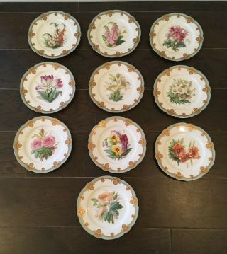 Antique Set Of 10 Julien Fils Aine Floral Pattern Hand Painted 9 " Dessert Plates