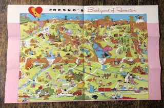 Rare Vintage Cartoon Map Of Fresno California 11 " X 17 " Ex.