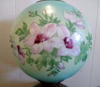 Antique Victorian GWTW Gone With The Wind Blue/Pink Floral Oil Lamp Electrified 2