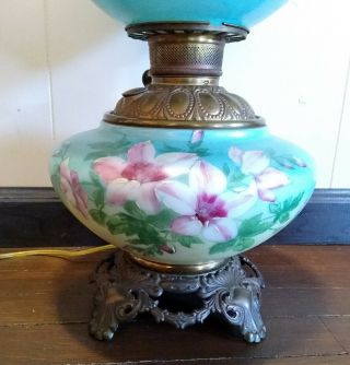 Antique Victorian GWTW Gone With The Wind Blue/Pink Floral Oil Lamp Electrified 3