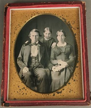 1/4 Plate Daguerreotype Of A Family Group,  No Wipe Marks,  Half Case