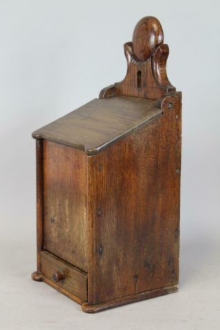RARE 18TH C ENGLISH CARVED CREST PIPE BOX WITH WOOD HINGED LID IN WALNUT & OAK 6