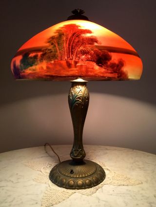 Phoenix Reverse Painted Table Lamp - Handel,  Pairpoint,  Arts And Crafts Era