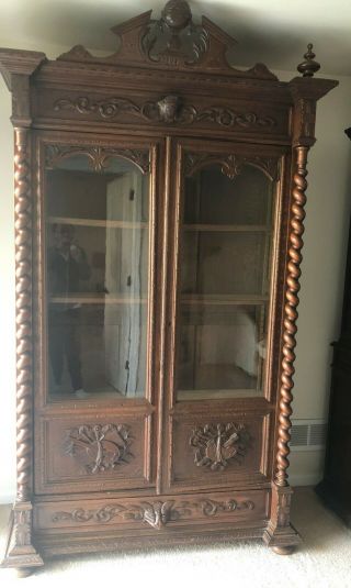 Fine Carved French Black Forest Oak Cabinet With 2 Glass Doors,  France 1930 - 1940