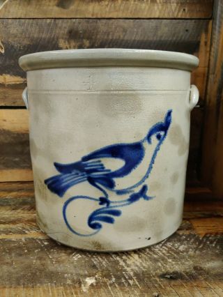 Antique 19th C Stoneware Bird On A Branch Blue Cobalt Decorated 4 Gallon Crock