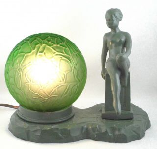 C.  1930 - Nuart - Art Deco Nude Woman Green Figural Table Lamp - Book Piece