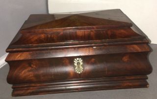 Antique English Victorian Mahogany Wood Veneer Jewelry Box,  Key,  Mop,  C.  1890.
