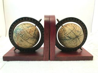 Vtg Pair Old World Map Spinning Globe Bookends W/ Wood Base Bookcase Decor