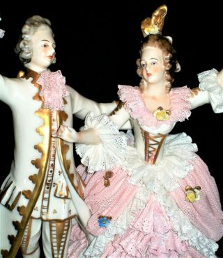 Antique German Dresden Lace Courting Couple Dancers Lady Man Porcelain Figurine