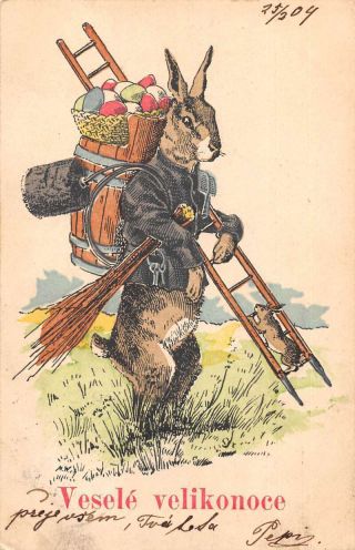 Easter Greetings Dressed Rabbits With Eggs And Ladder Vintage Postcard Aa24572