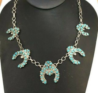 Vintage Five Sectional Silver Squash Blossom Turquoise Necklace On Eternal Chain