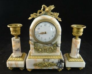 Antique French Empire Ormolu Miniature Clock W/ 2 Candlesticks,  19th C.