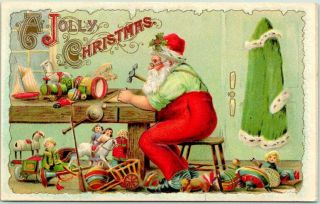 Vintage 1910s Jolly Christmas Embossed Postcard Santa Claus In Workshop W/ Toys